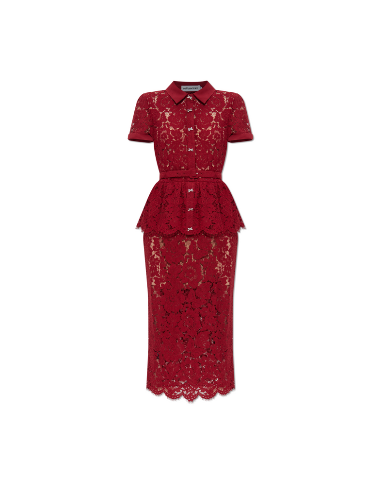 Burgundy Lace Peplum Midi Dress