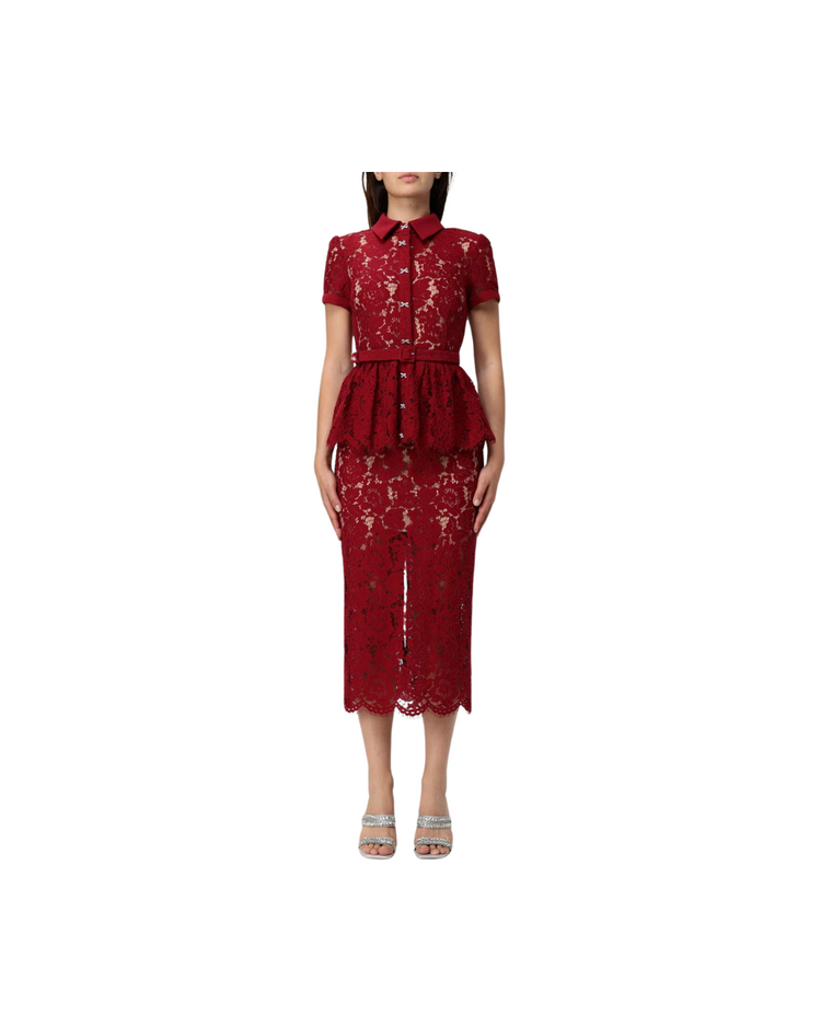 Burgundy Lace Peplum Midi Dress
