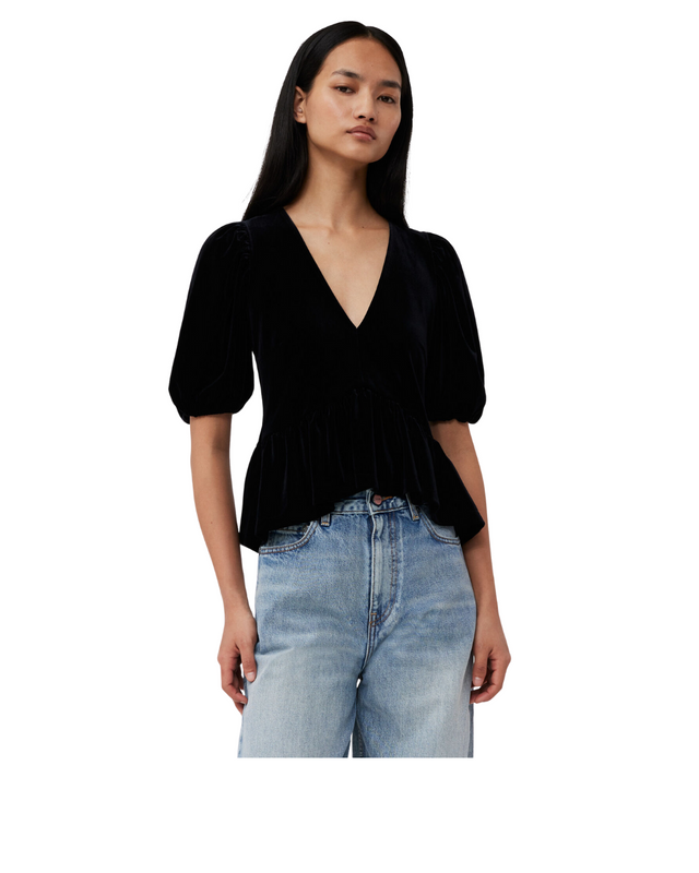 Velvet Jersey V-neck Blouse Black