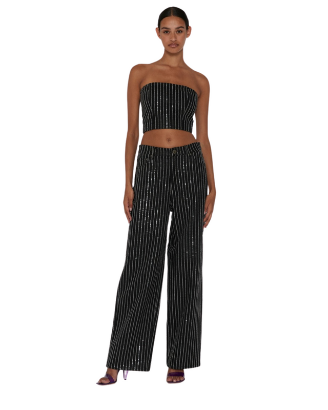 Sequin Twill Wide Pants Black