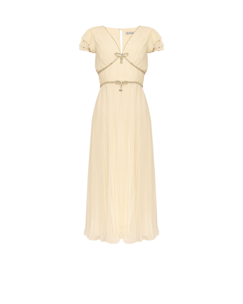 Cream Chiffon Pleated Midi Dress