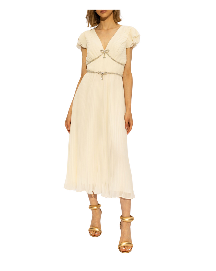 Cream Chiffon Pleated Midi Dress